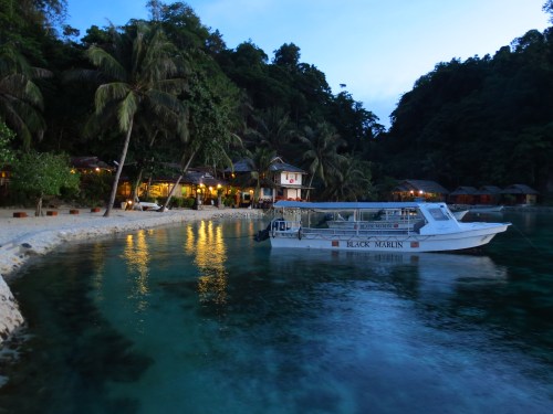 Black Marlin Dive Resort at twilight. 